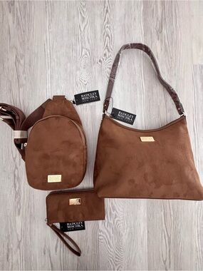 Badgley Mischka Brown Suede-Look Shoulder Bag Set with Mini Backpack & Wristlet